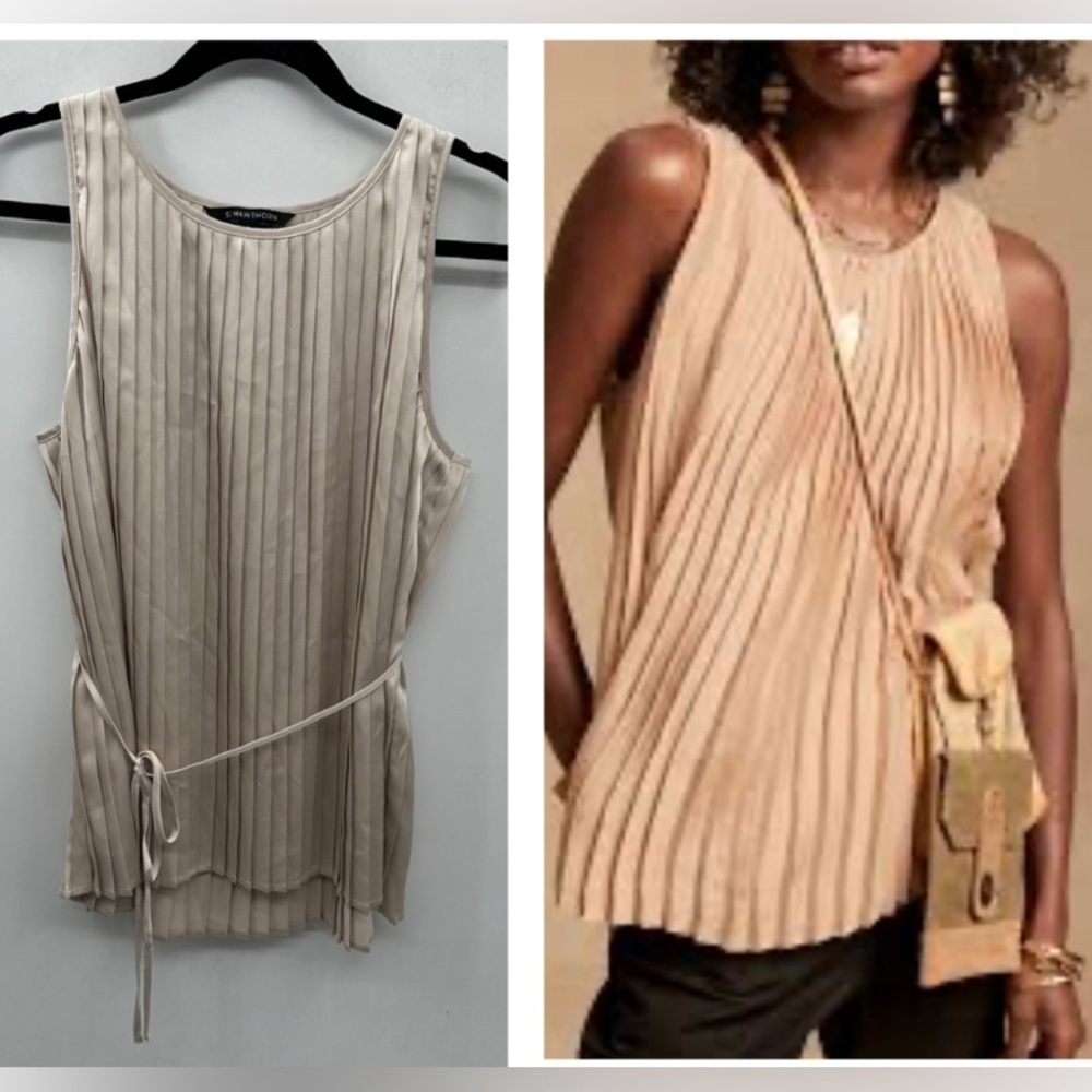 41 HAWTHORN M TAN SATIN PLEATED Polyester belted quiet luxury classic tank